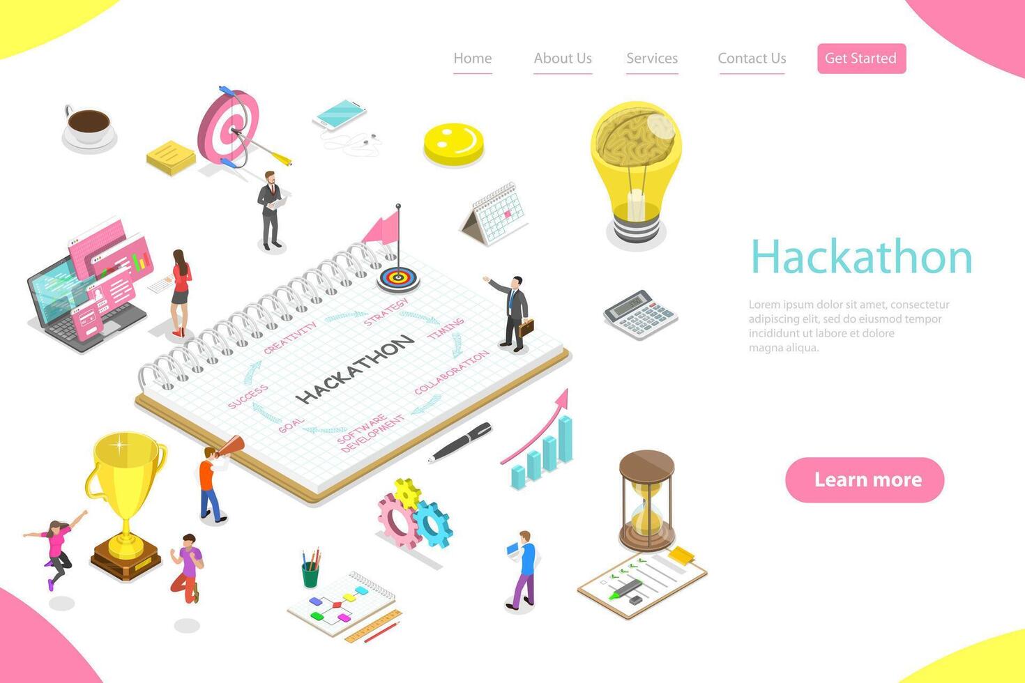 Isometric flat landing page template of hackathon. vector