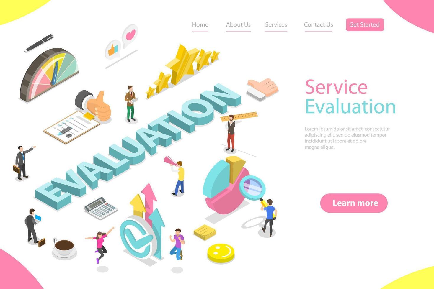 Isometric flat landing page template of services evaluation. vector