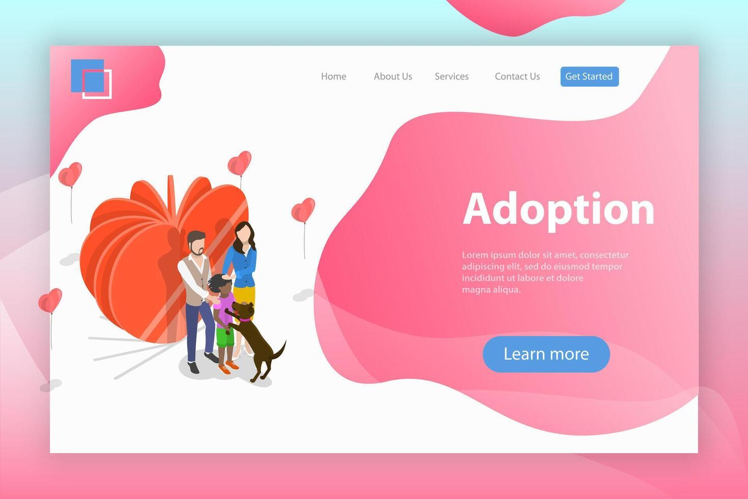 Isometric flat landing page template of child adoption, physical. vector