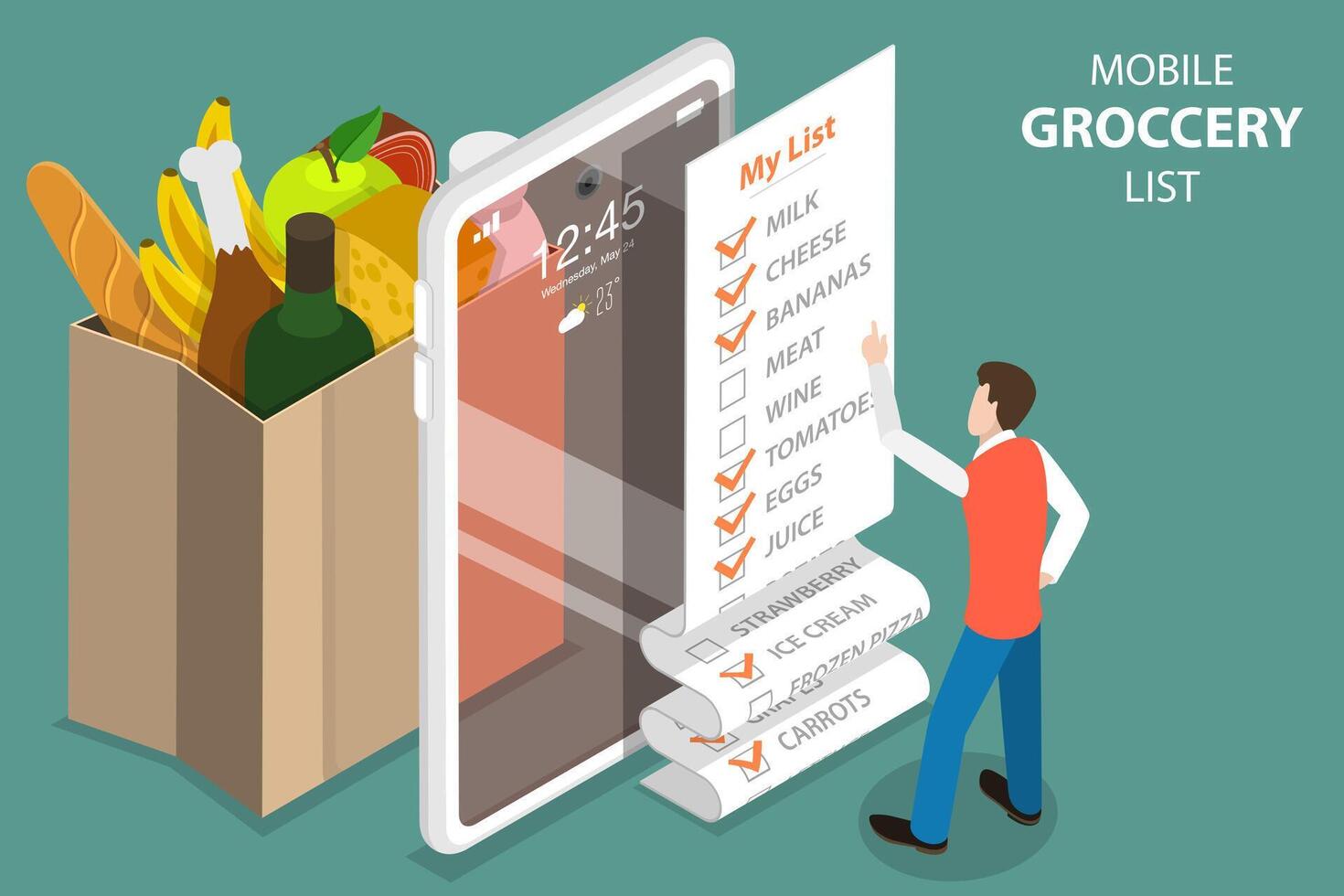 3D Isometric Concept of Mobile Grocery List, Shopping List App. vector