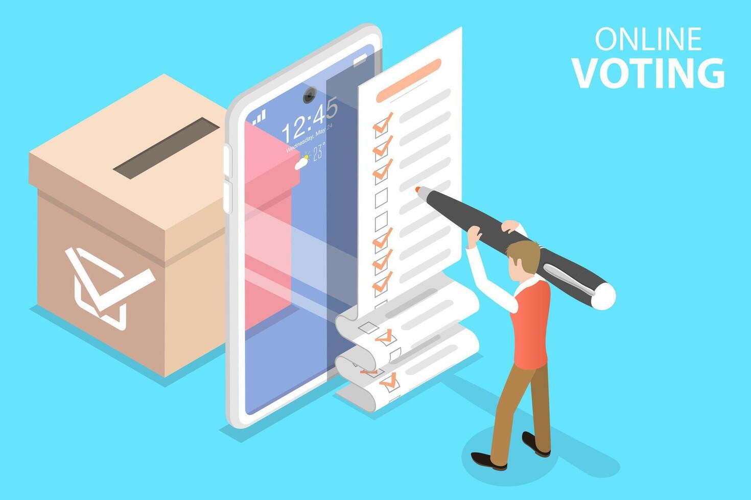 3D Isometric Flat Concept of Online Voting Mobile App, E-voting. vector