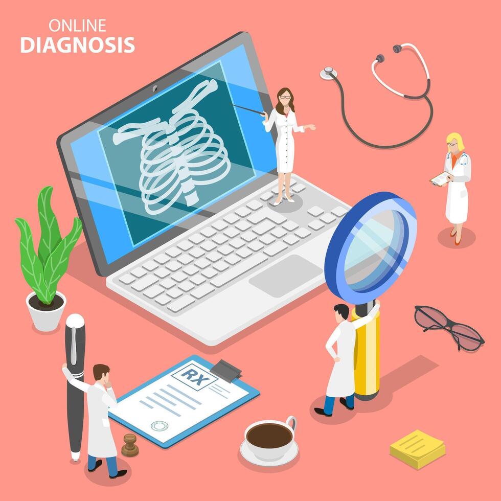 Isometric flat concept of online diagnosis, remote patient consultation. vector