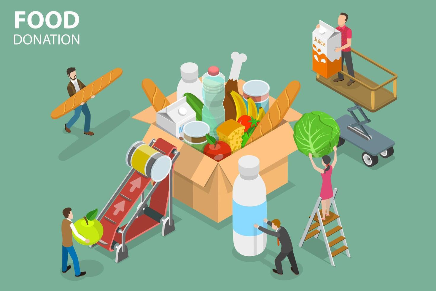 3D Isometric Flat Conceptual Illustration of Food Donation. vector