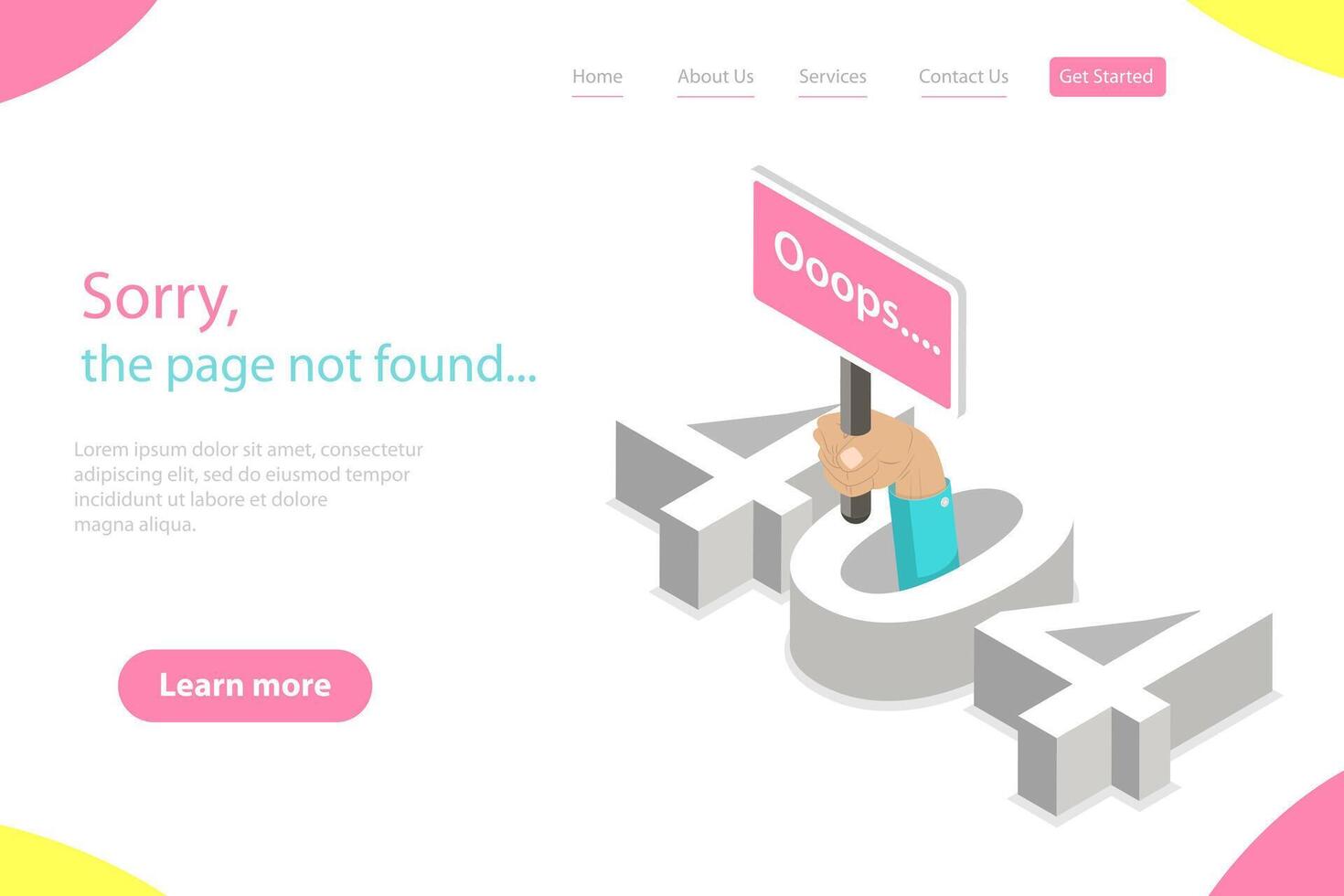 Isometric flat landing page tempate of 404 error, page not found. vector