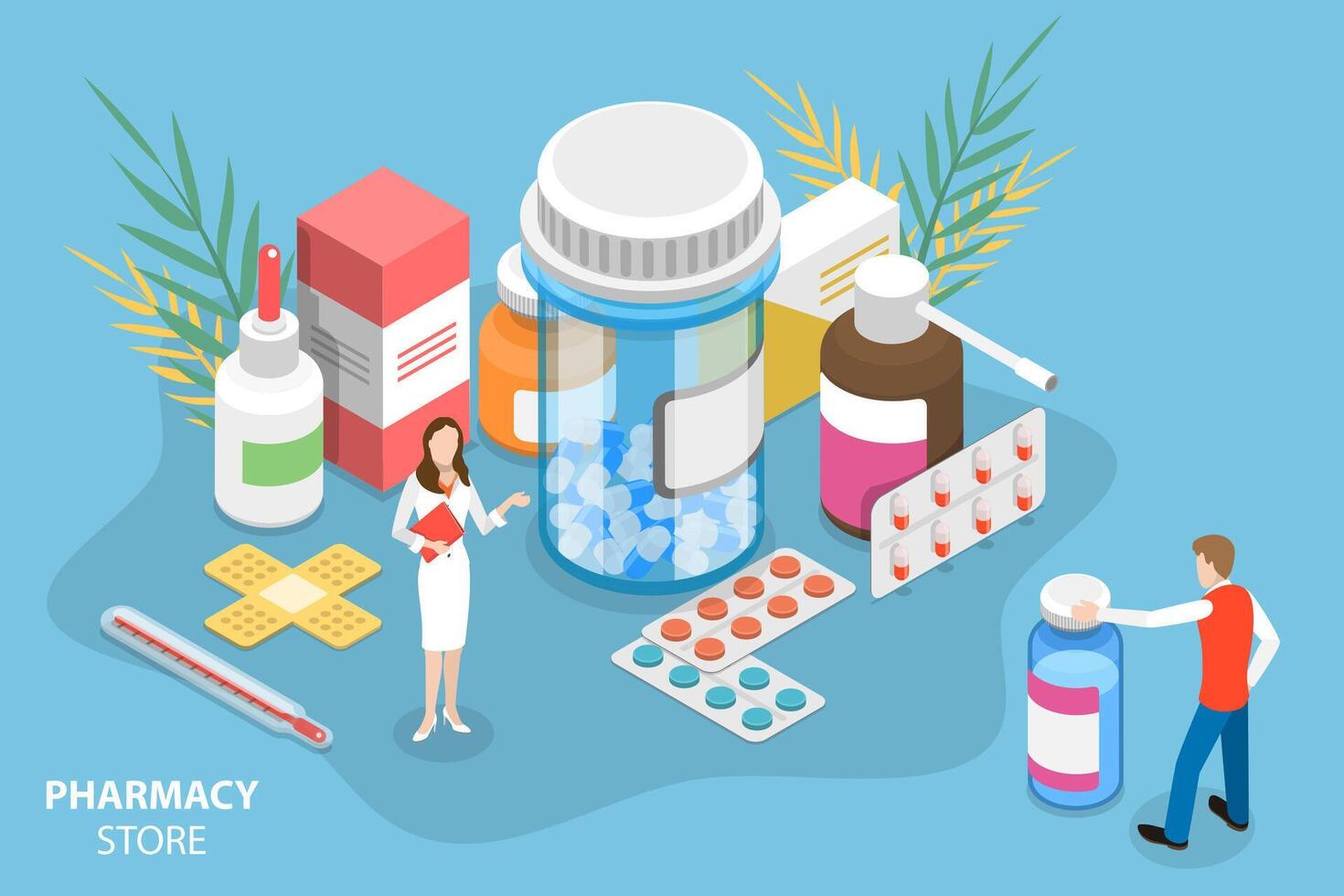 Isometric Conceptual Illustration of Pharmacy Store. vector