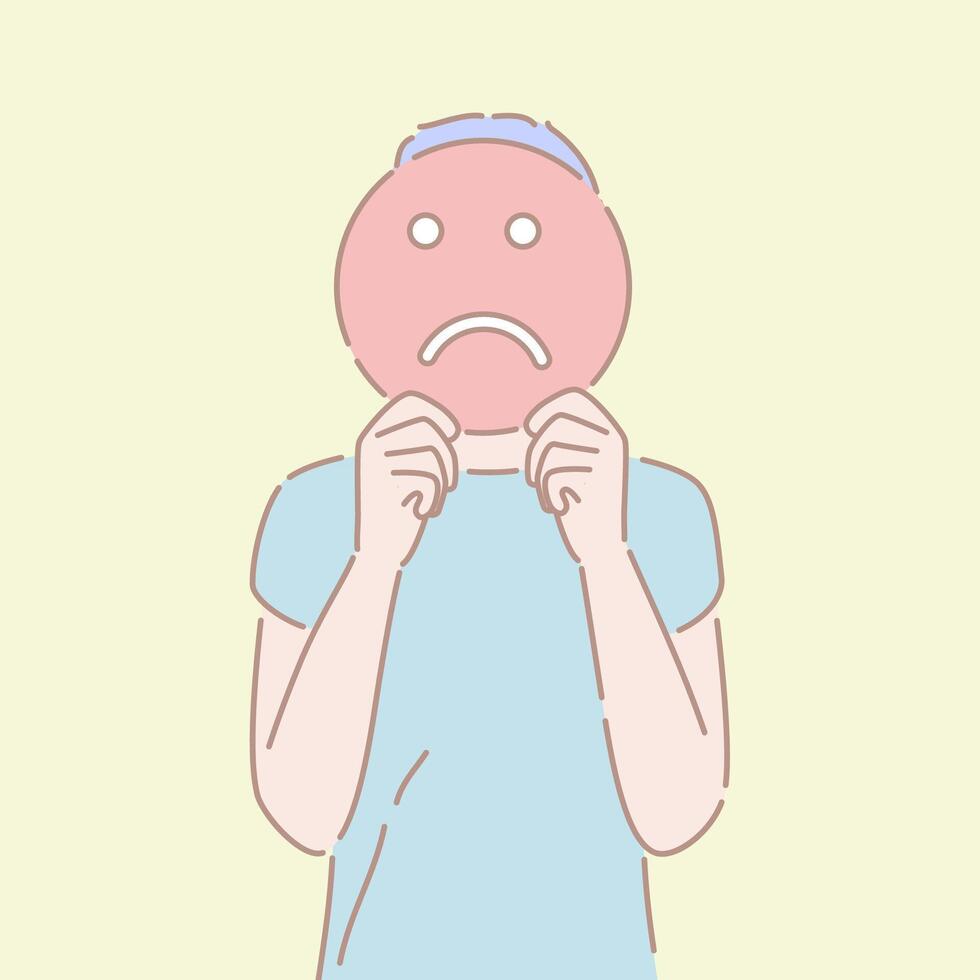 Hand drawn style of a man holding an sad sign in front of his face. vector