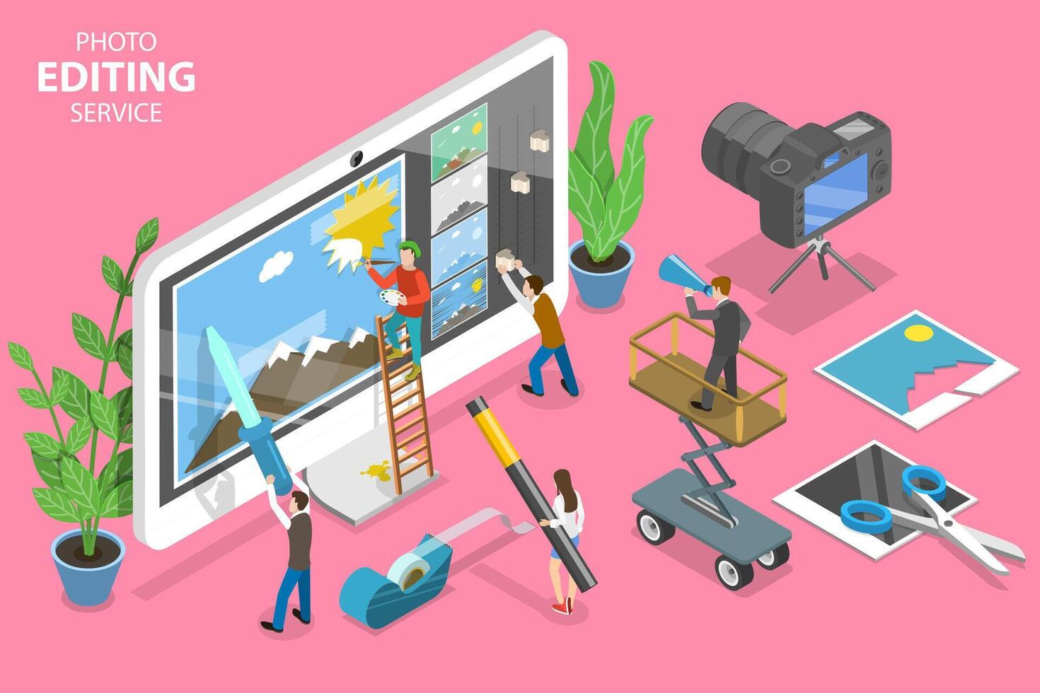 3D Isometric Flat Concept of Photo Editing Online Service. vector