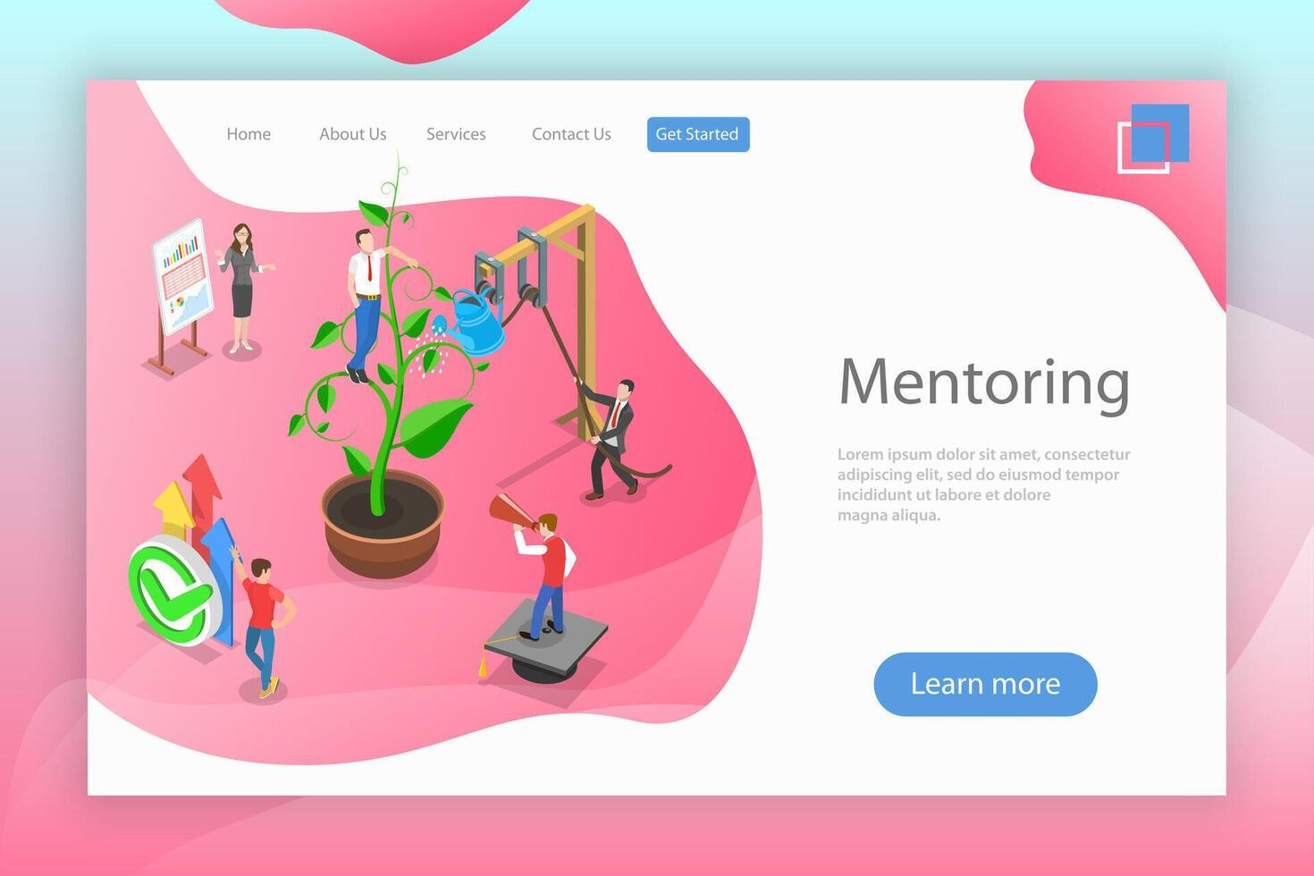 Isometric flat landing page of mentoring, guide to reach a goal. vector