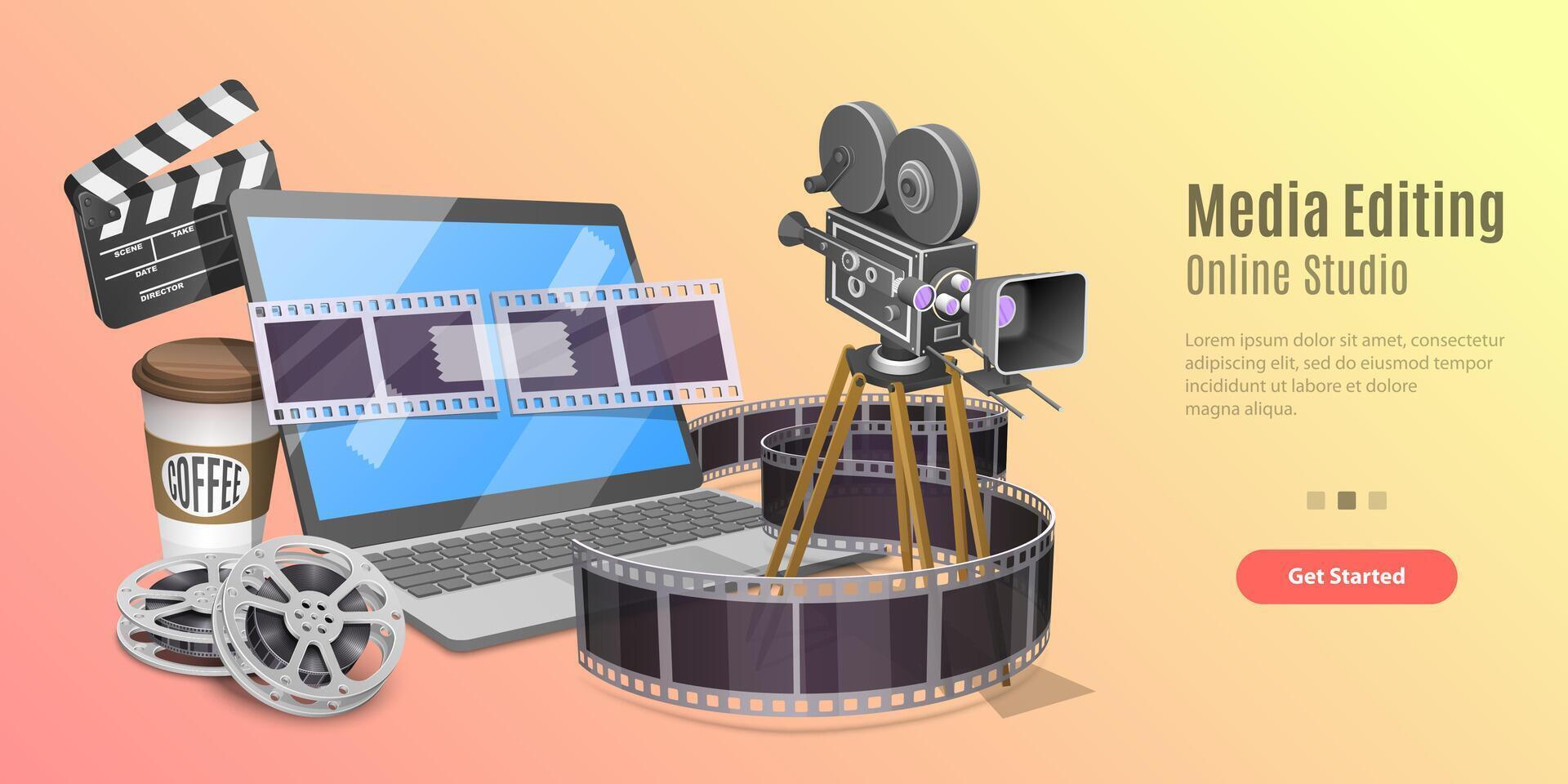 3d Concept of Online Editing Service, Motion Design Studio Software. vector