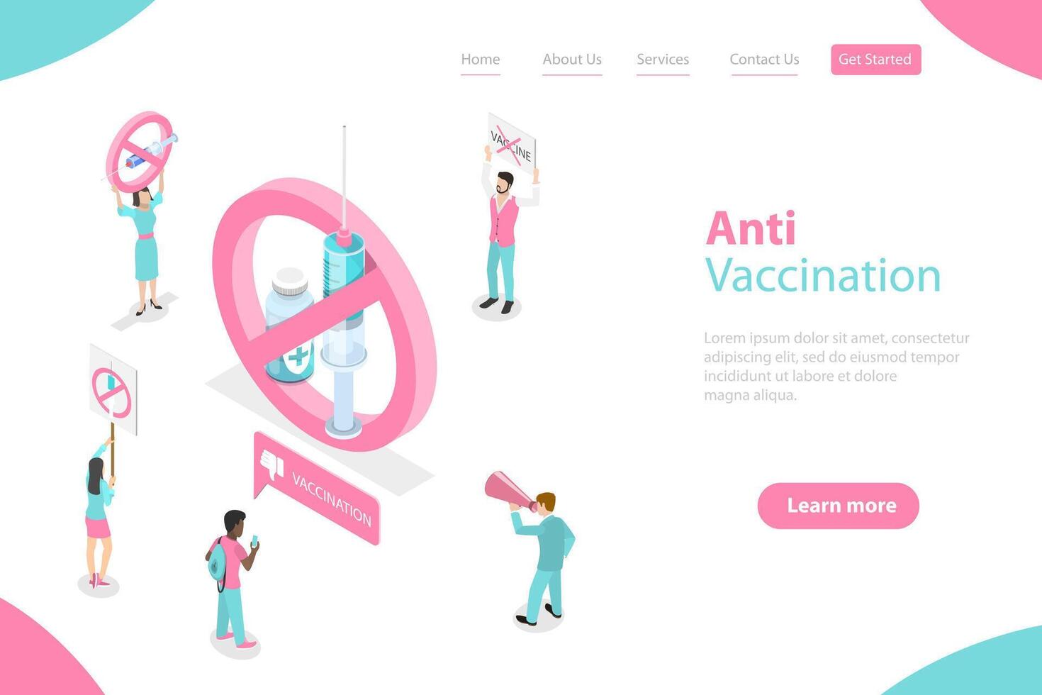 3D Isometric Flat Landing Page Tamplate of Anti-vaccination. vector