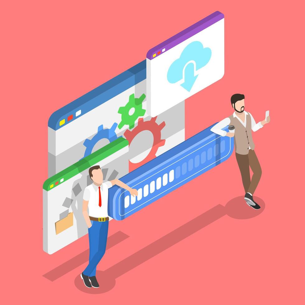 Isometric flat concept of data transfer process, system upgrade. vector