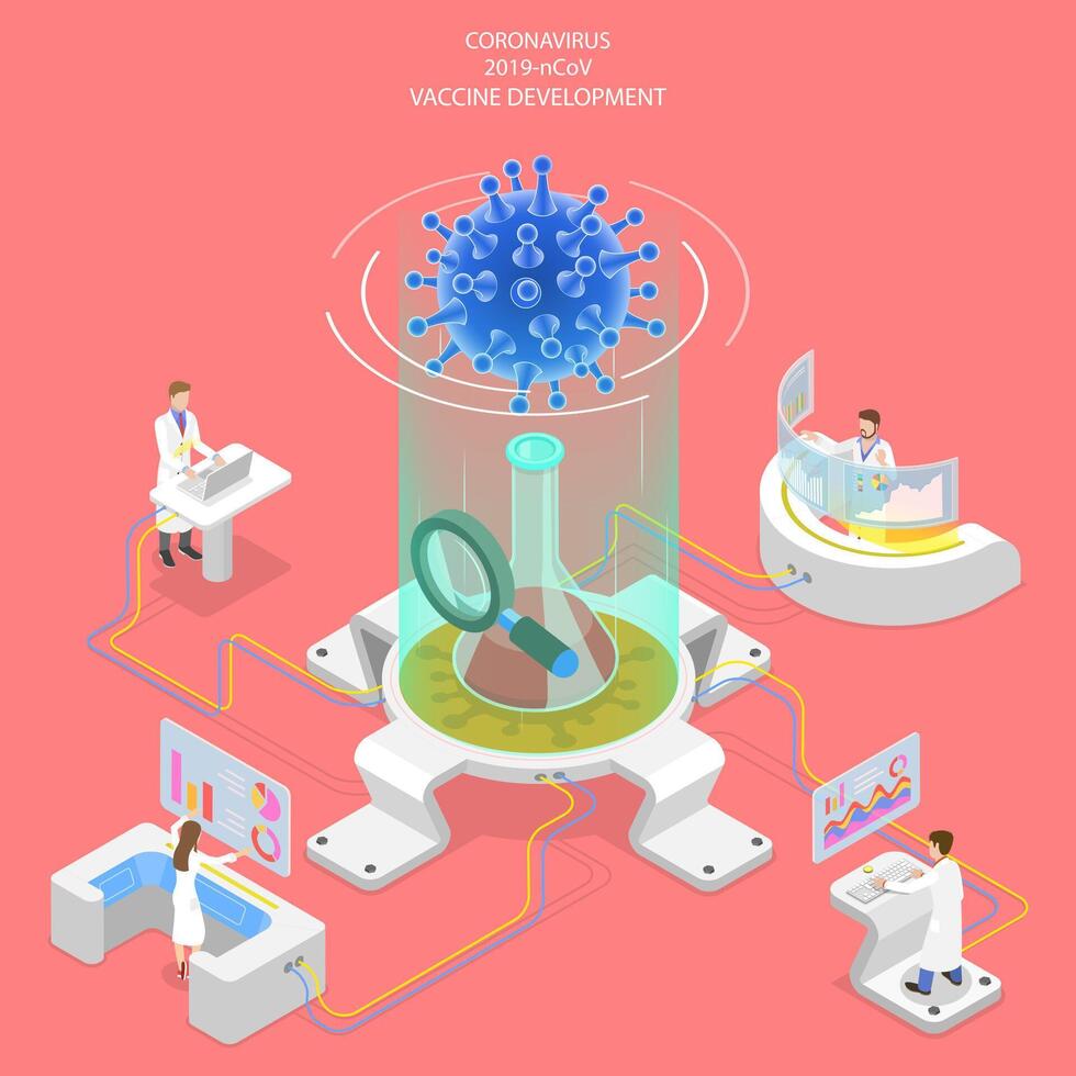 3d isométrica concepto de coronavirus vacuna investigación. vector