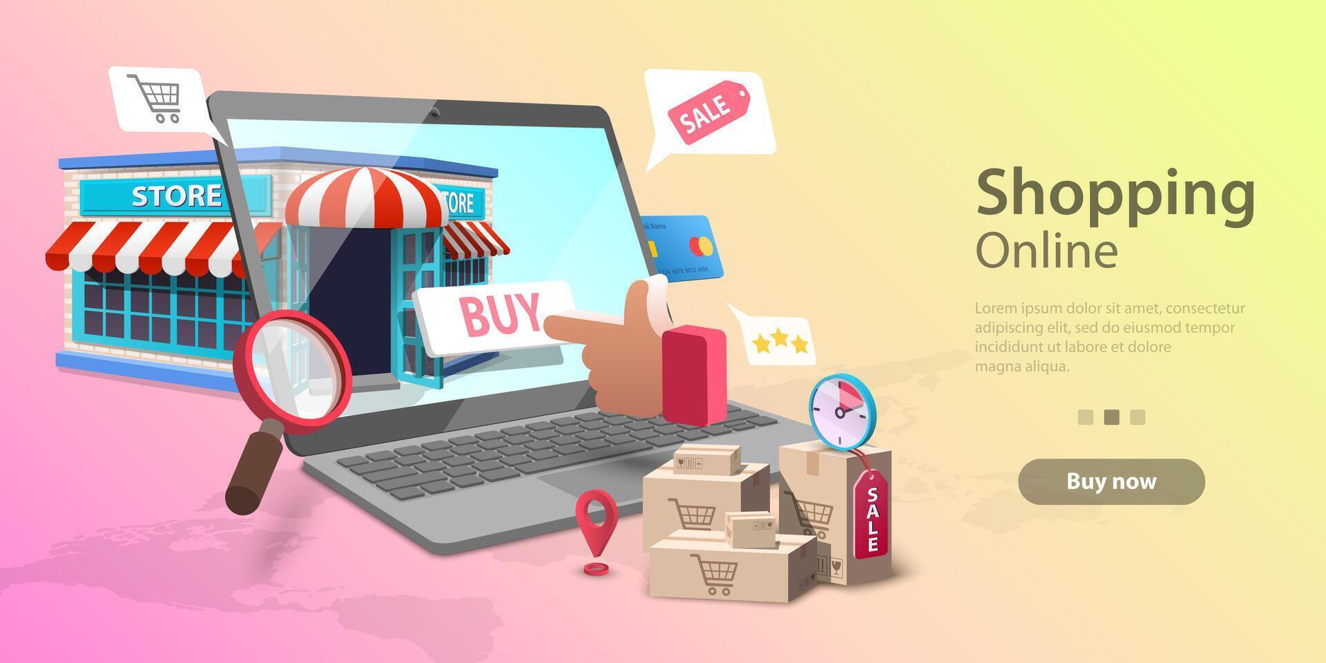 3d Online Shopping Landing Page Template, Mobile Store Concept. vector