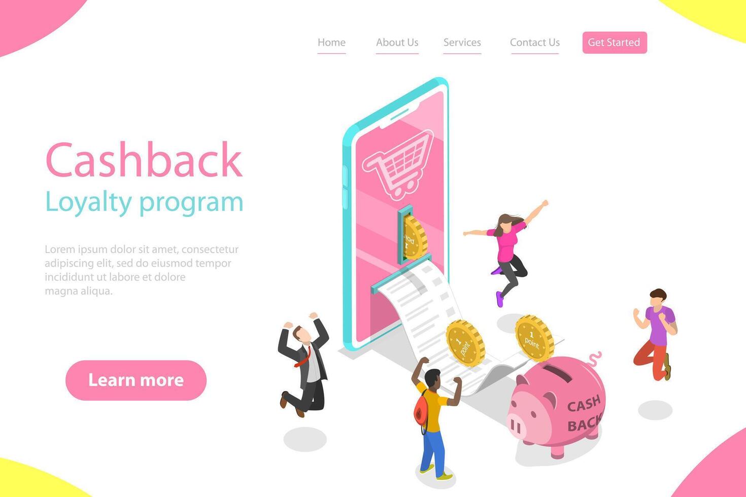 Isometric flat landing page template of cash back, loyalty program. vector