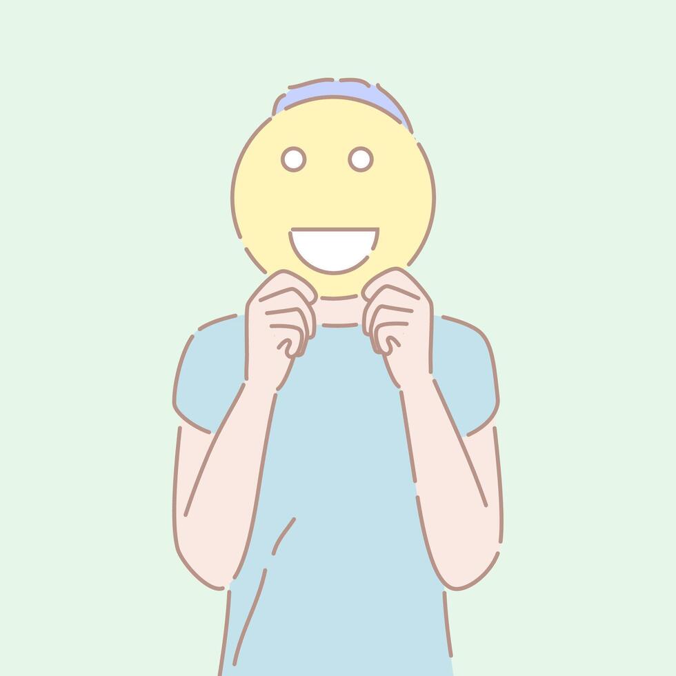 Hand drawn style of a man holding an smiling sign in front of his face. vector