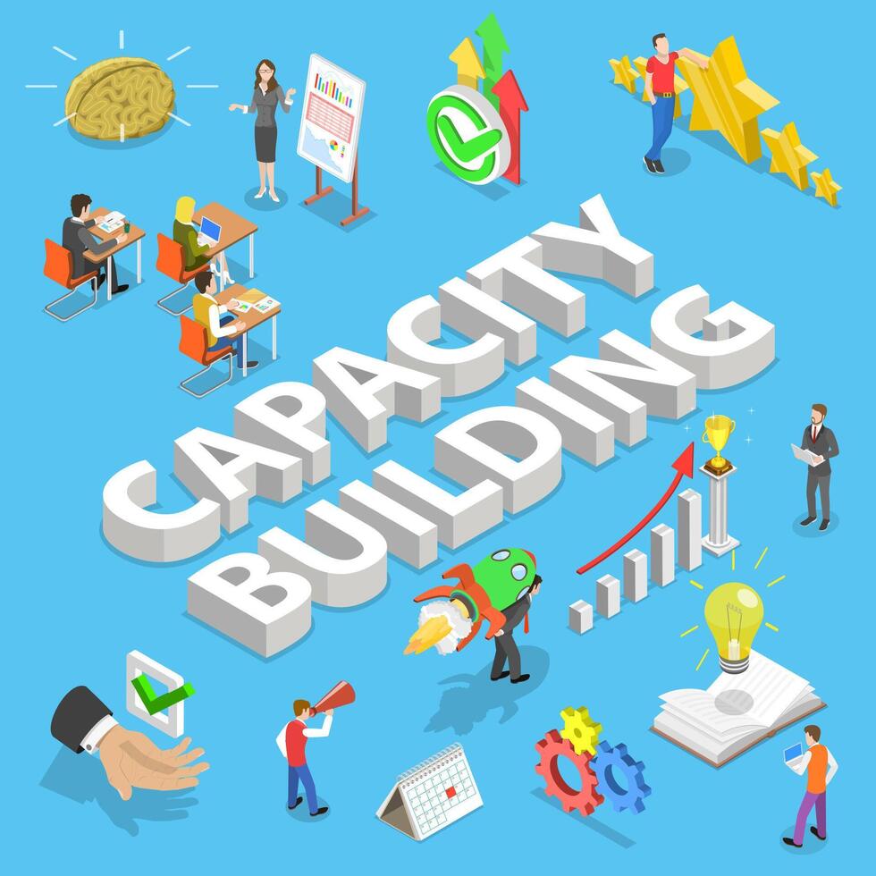 Isometric flat concept of capacity building, process of skills obtaining. vector