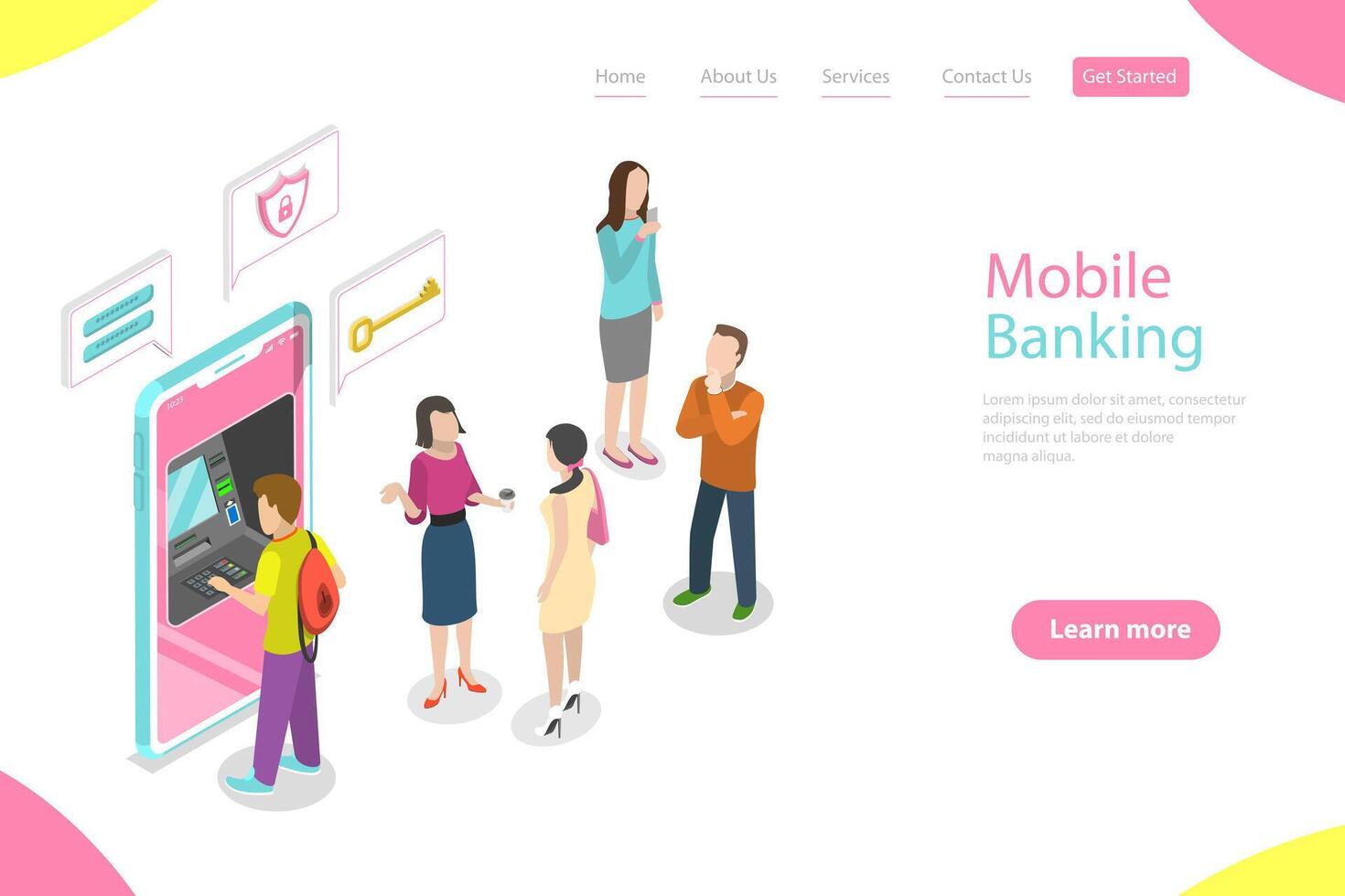 Isometric flat landing page template of mobile banking. vector