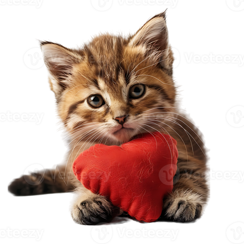 Cute sad kitten with a heart pillow on isolated transparent background png