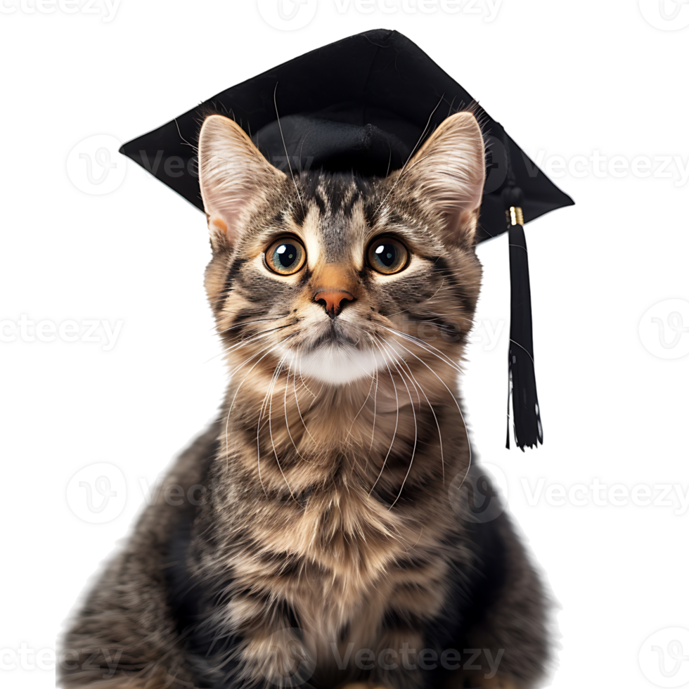 Cat wearing graduation cap on isolated transparent background png
