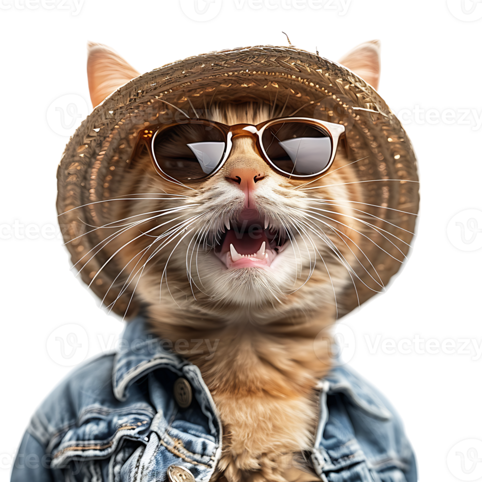 Happy Cat wearing summer glasses and hat on isolated transparent background png