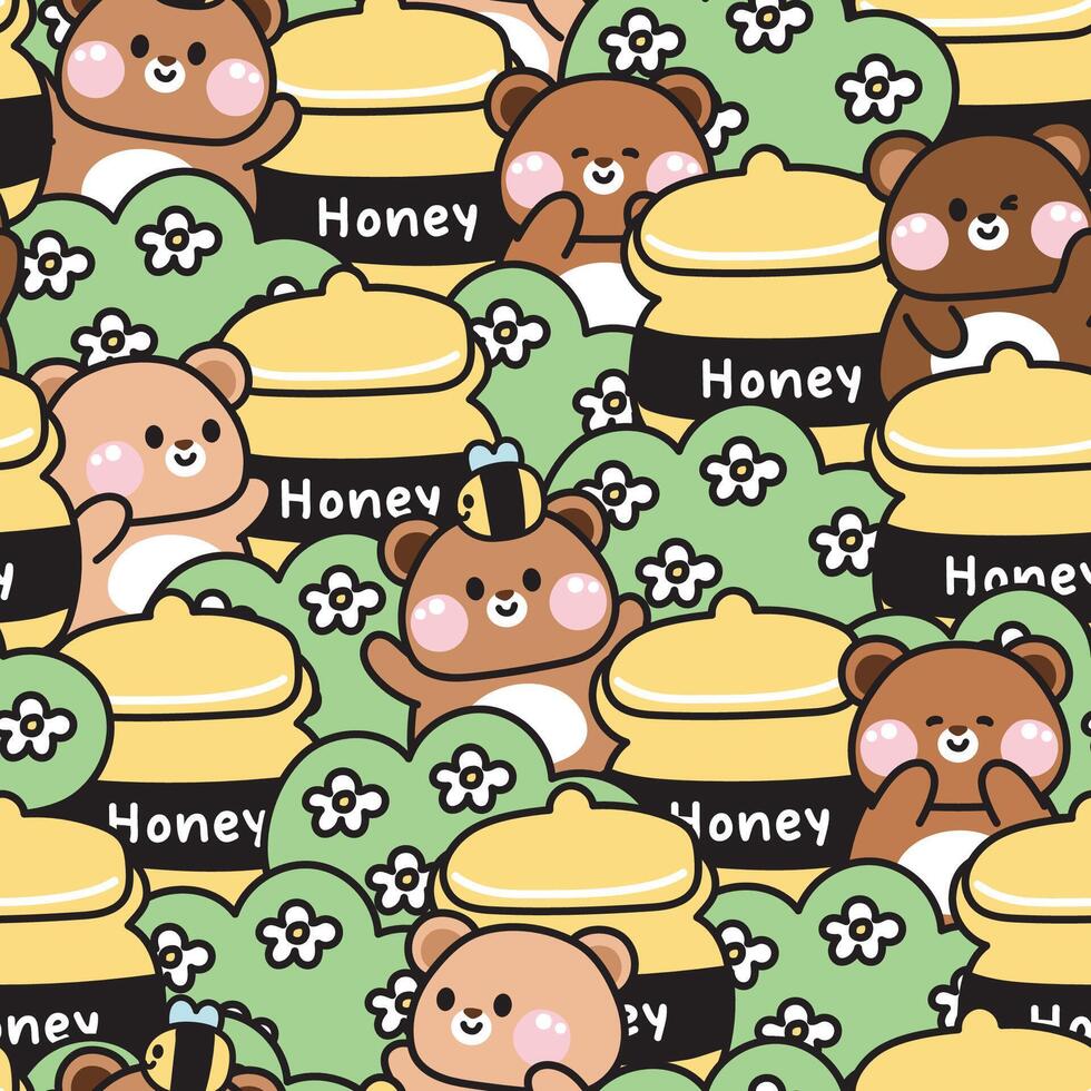 Repeat.Seamless pattern of cute teddy bear in various poses with big honey and flower grass background.Wild animal character cartoon design.Bee.Jungle.Kawaii.Illustration. vector