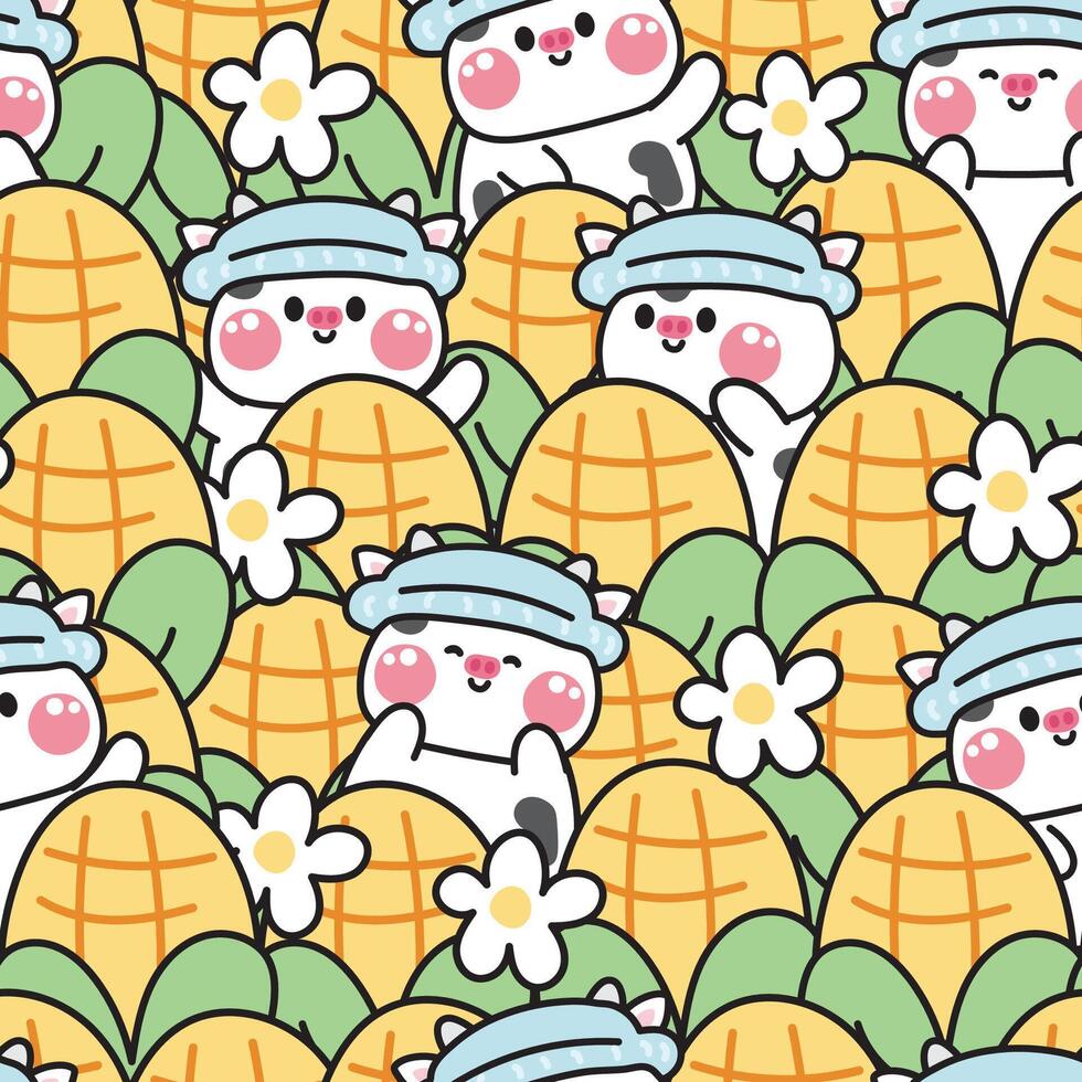 Repeat.Seamless pattern of cute cow in various poses with big corn and flower background.Animal farm character cartoon design.Spring.Nature.Farmer.Kawaii.Illustration. vector