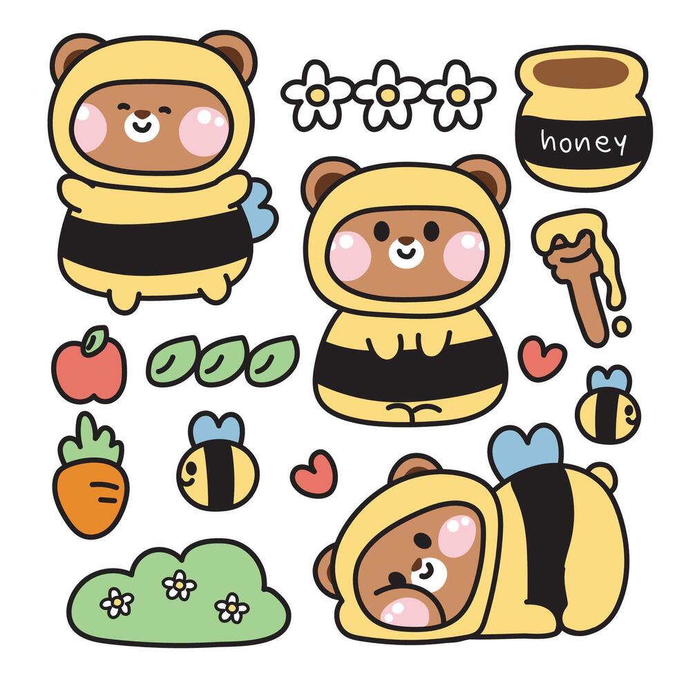 Set of cute teddy bear wear bee costume.Wild animal character cartoon design collection.Flower,leaf,carrot,apple,bee,honey hand drawn.Nature.Kawaii.Illustration. vector