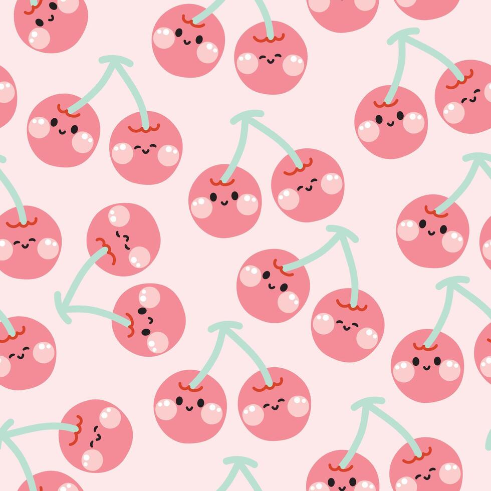Seamless pattern of cute cherry smile face background.Catoon character design.Pastel fruit.Wallpaper.Banner.Paper gift.Kid graphic.Kawaii.Illustration. vector