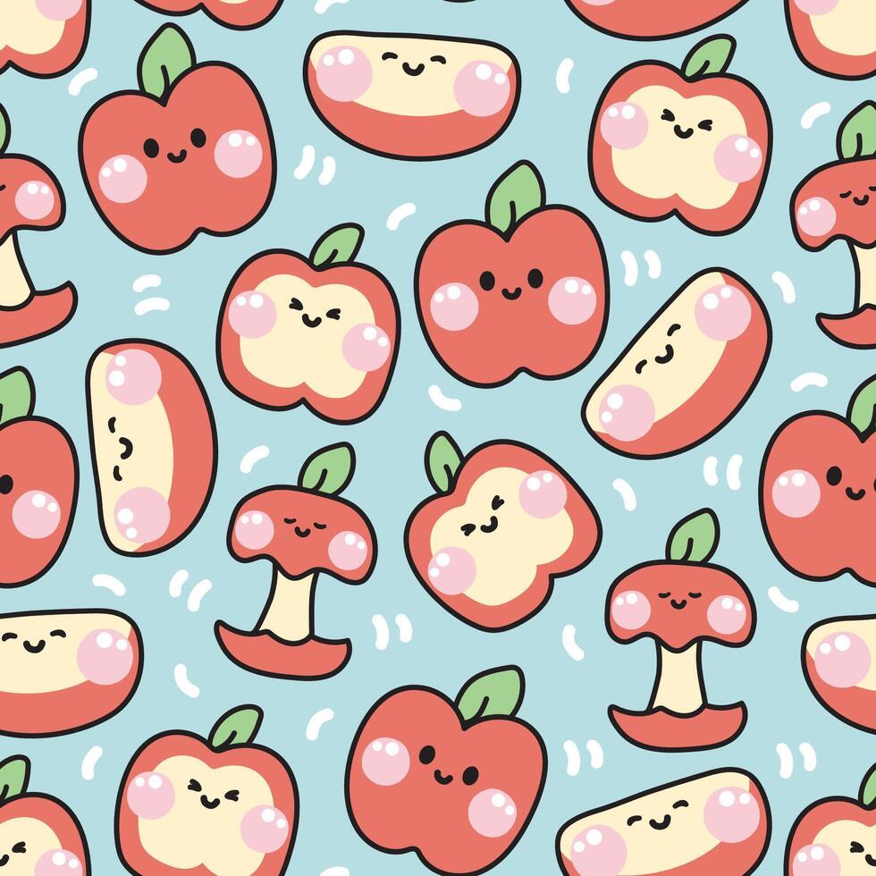 Seamless pattern of cute apple smile face background.Catoon character design.Fruit and vegtable hand drawn.Fresh.Image for card,poster,sticker,print screen.Kawaii.Illustration. vector