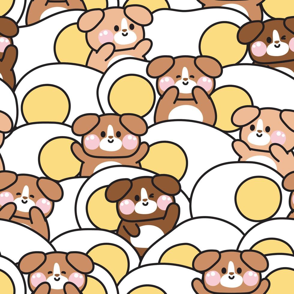 Repeat.Seamless pattern of cute dog with big fried egg background.Pet animal character cartoon design.Food.Breakfast.Image for card,poster,baby clothing.Kawaii.Illustration. vector
