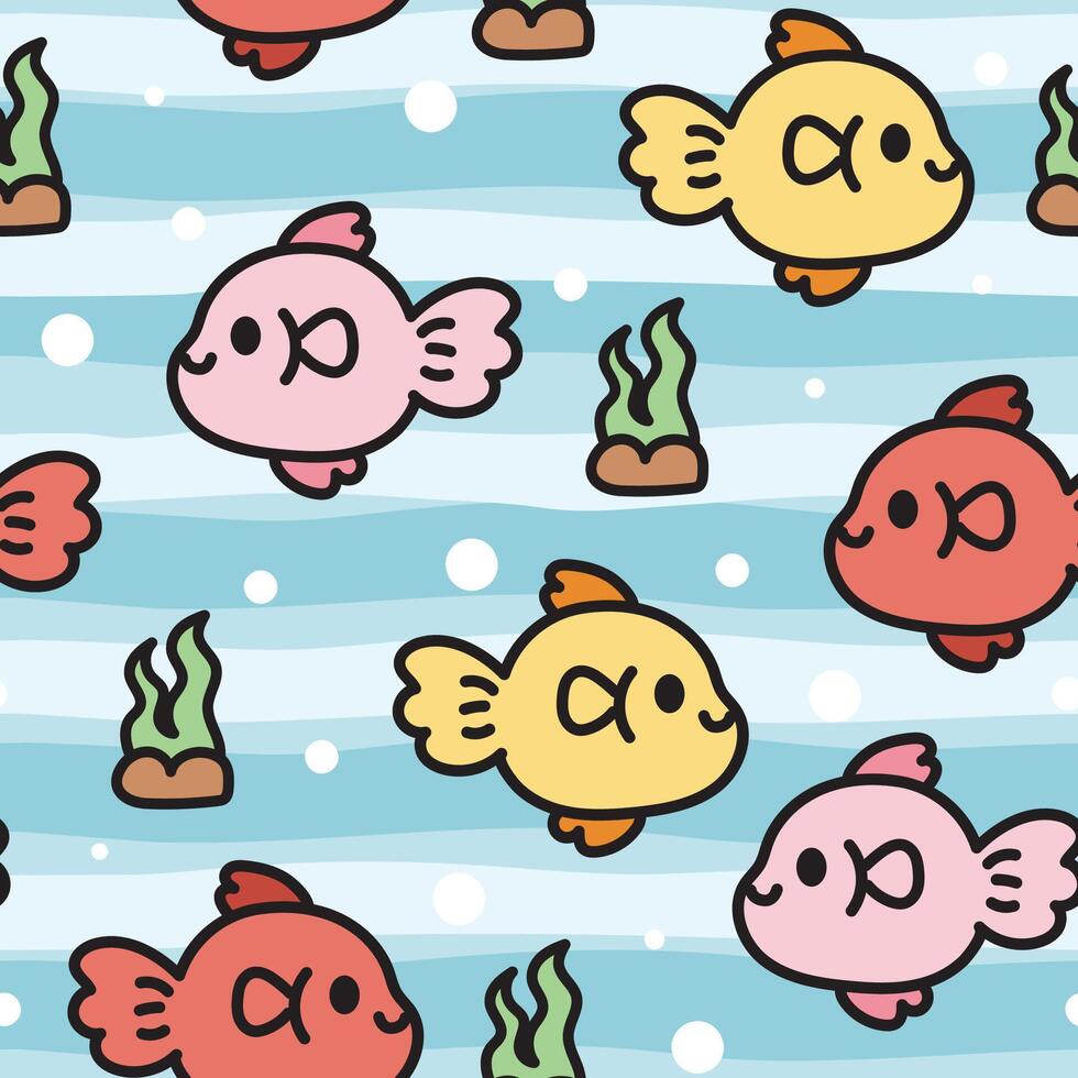 Seamless pattern of cute fish swim sea background.Marine animal character cartoon design.Under the water.Summer.Beach.Ocean.Kawaii.Illustration. vector