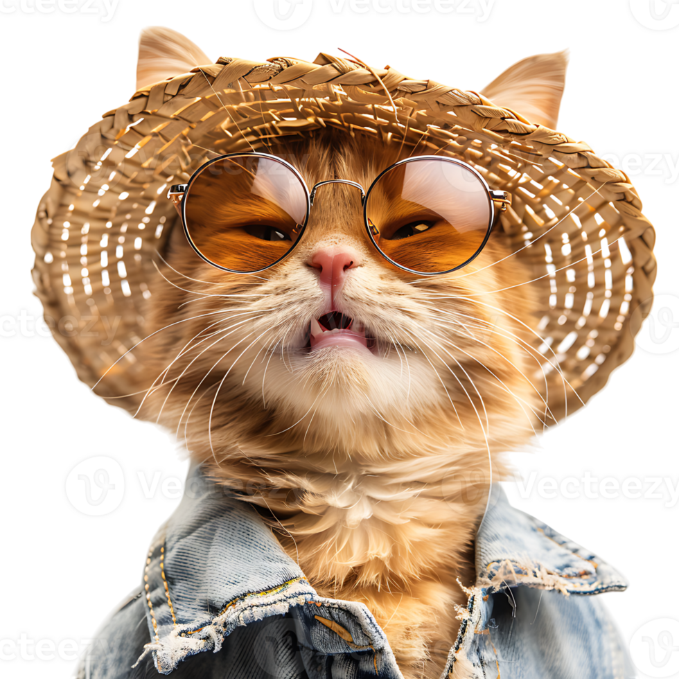 Happy Cat wearing summer glasses and hat on isolated transparent background png