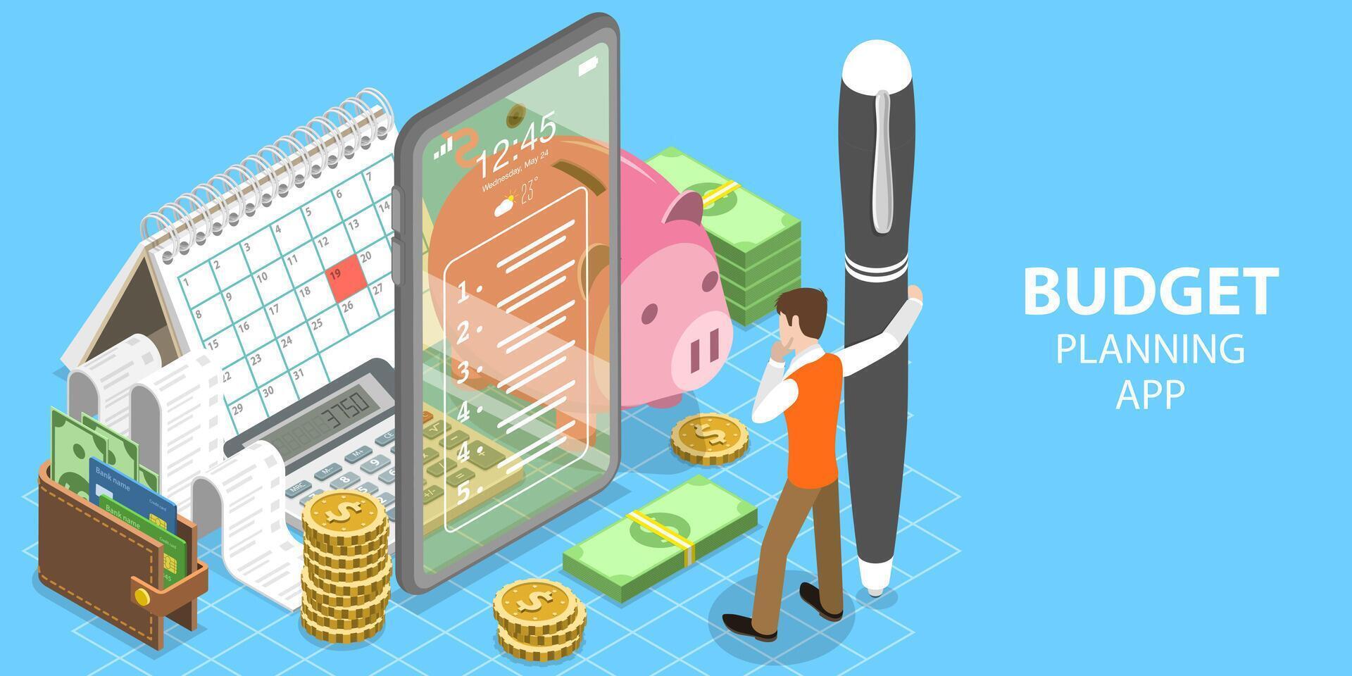 3D Isometric Flat Concept of Budget Planning Mobile App. vector