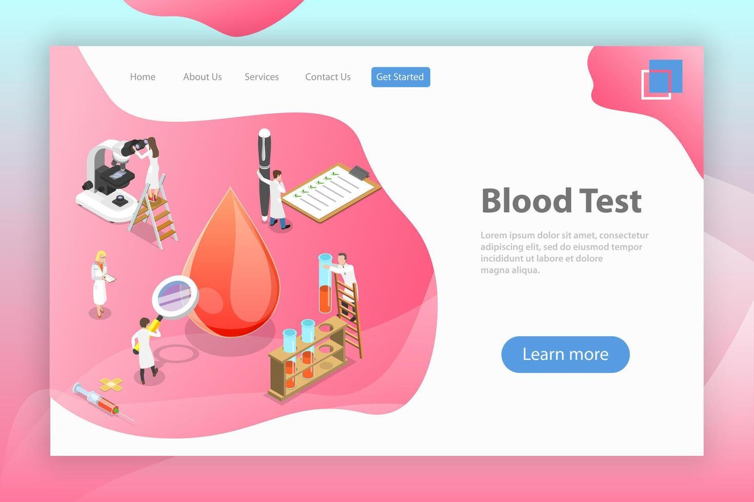 Isometric flat landing page template of blood test procedure. vector