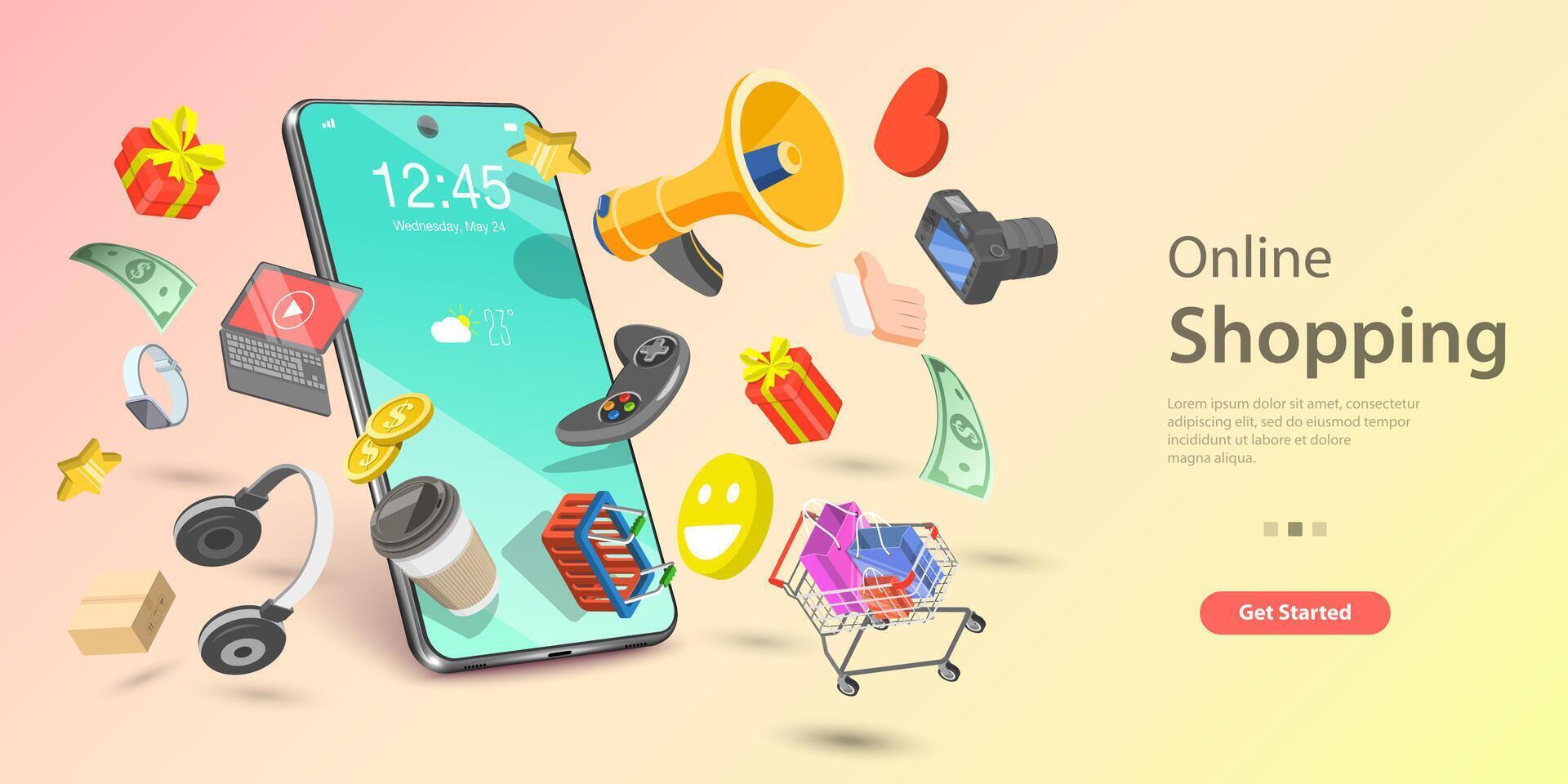 3d Online Shopping Landing Page Template, Mobile Store Concept. vector