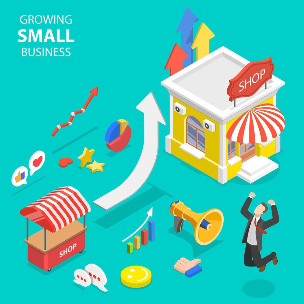 Isometric flat concept of small business growth, marketing strategy. vector