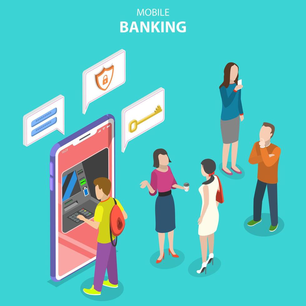 Isometric flat concept of mobile banking, protected money transaction. vector