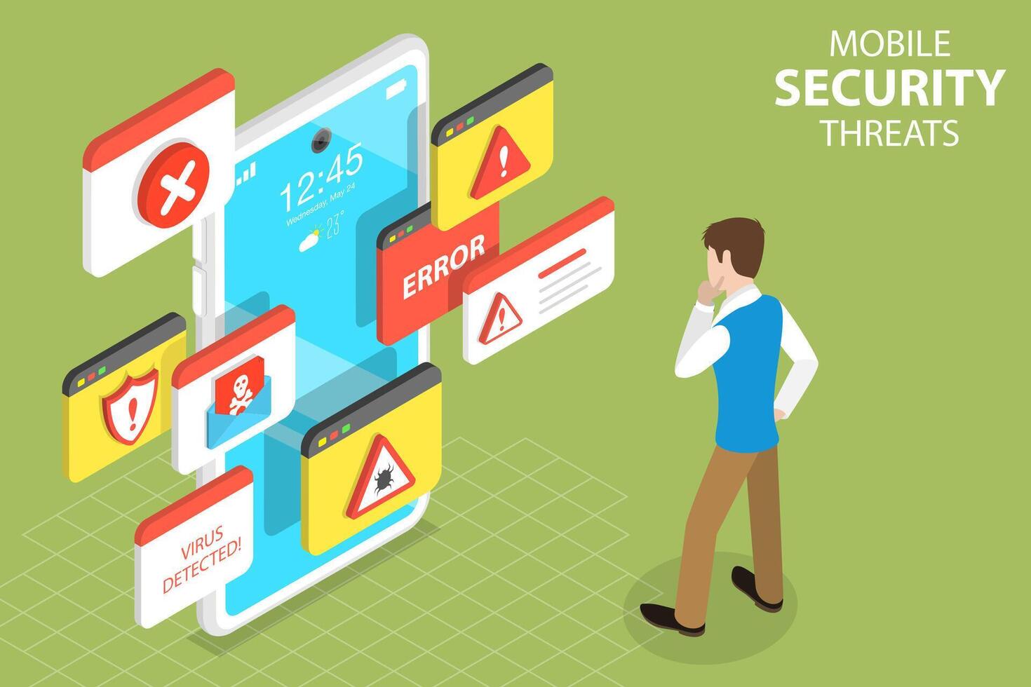 3D Isometric Flat Concept of Mobile Security Threats, Computer Virus. vector