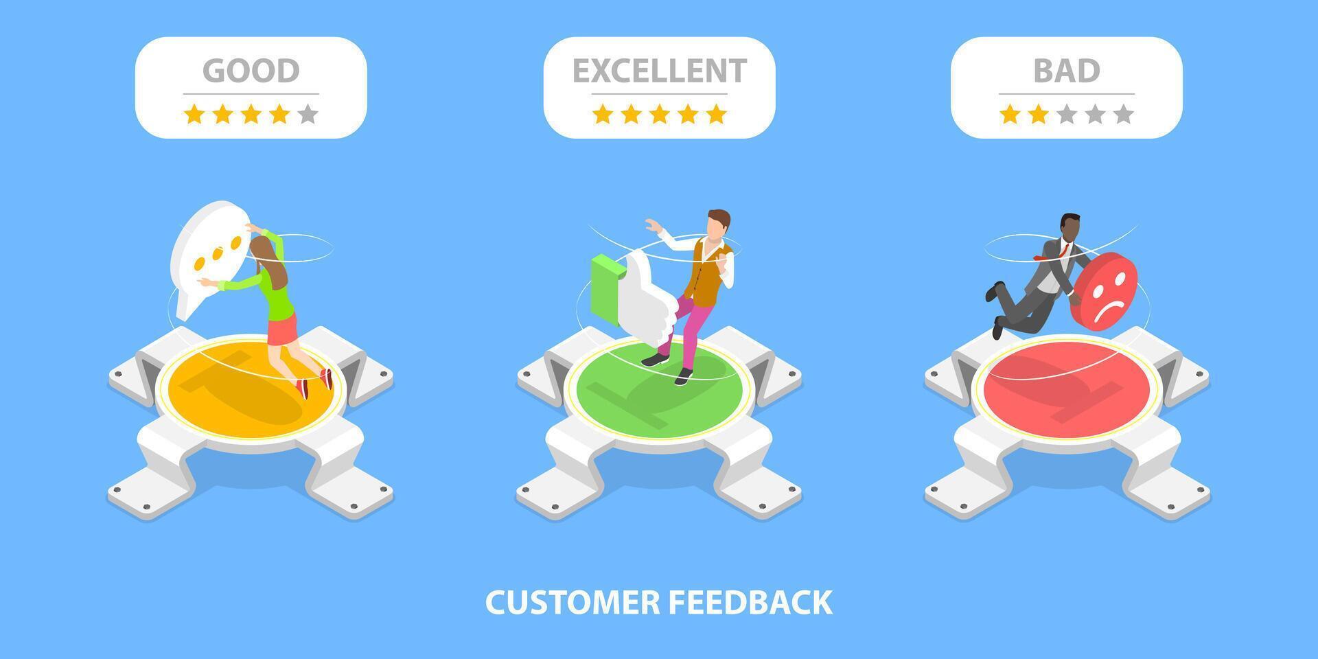 3D Isometric Flat Concept of Excellent, Bad and Good Customer Feedbacks. vector