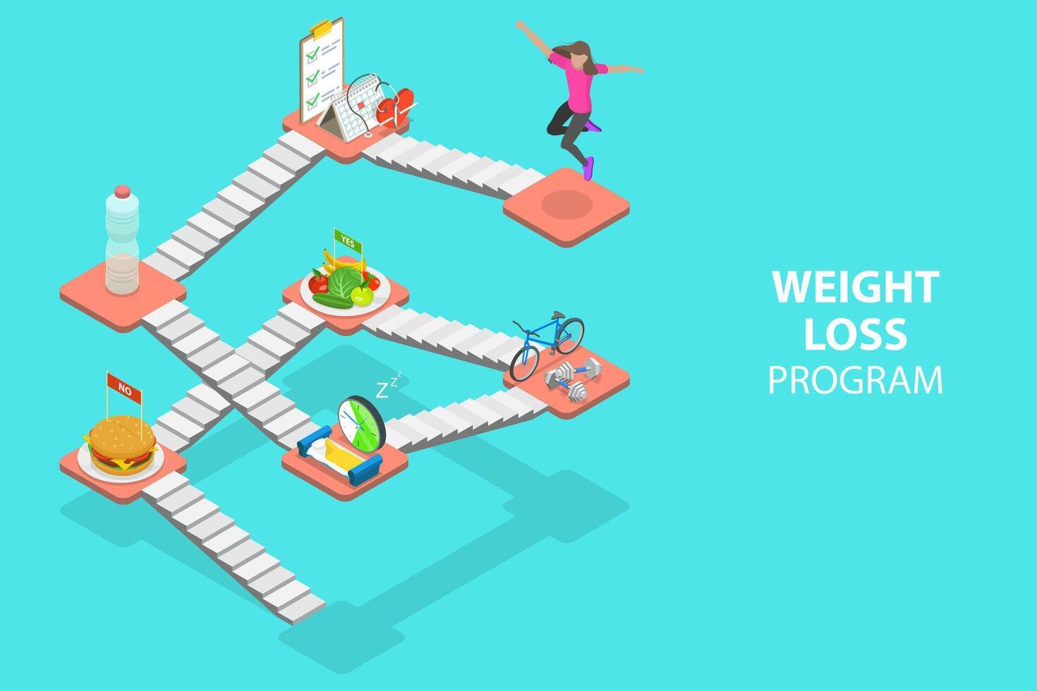 3D Isometric Flat Concept of Weight Loss Steps. vector