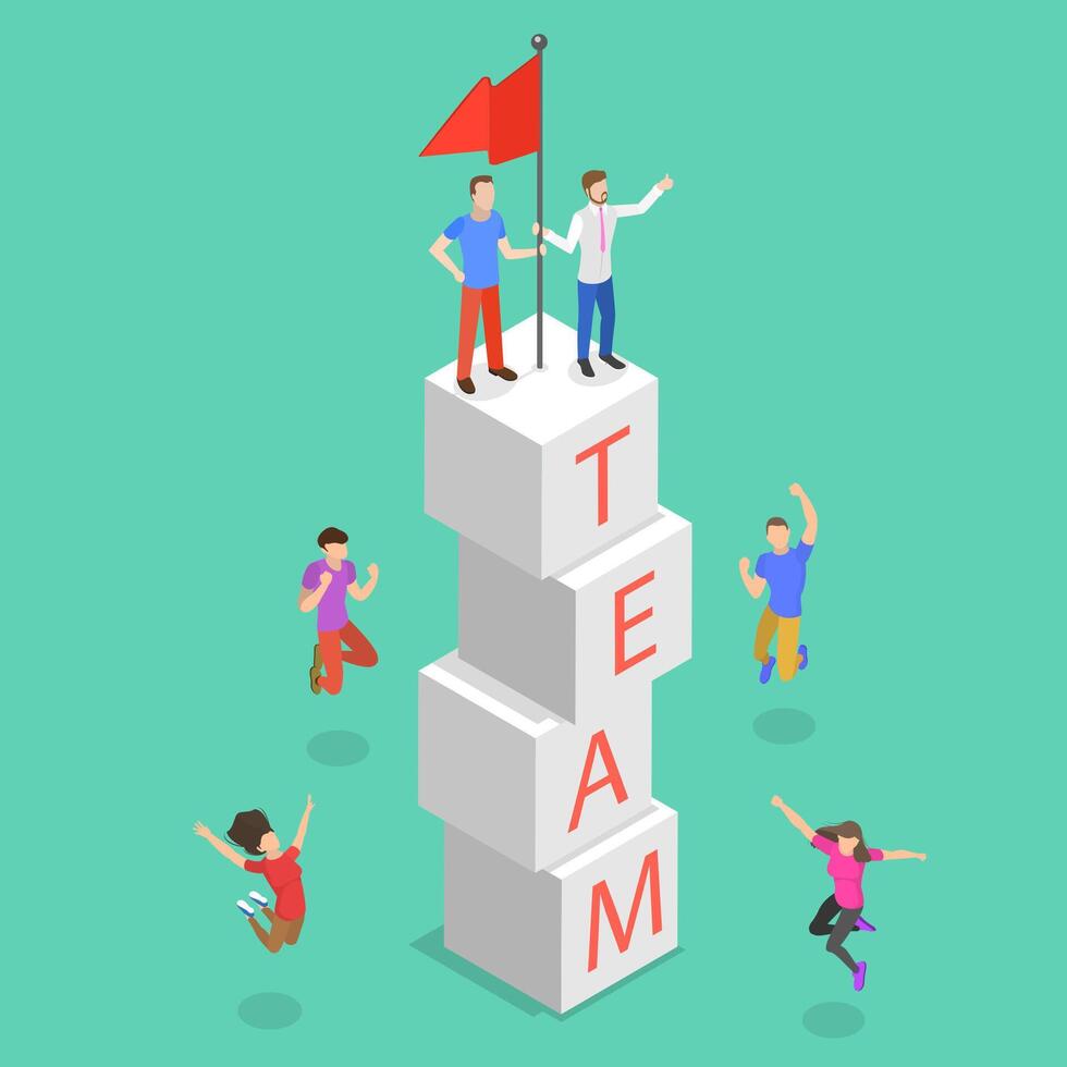 Isometric flat concept of successful teamwork, team goal achievement. vector