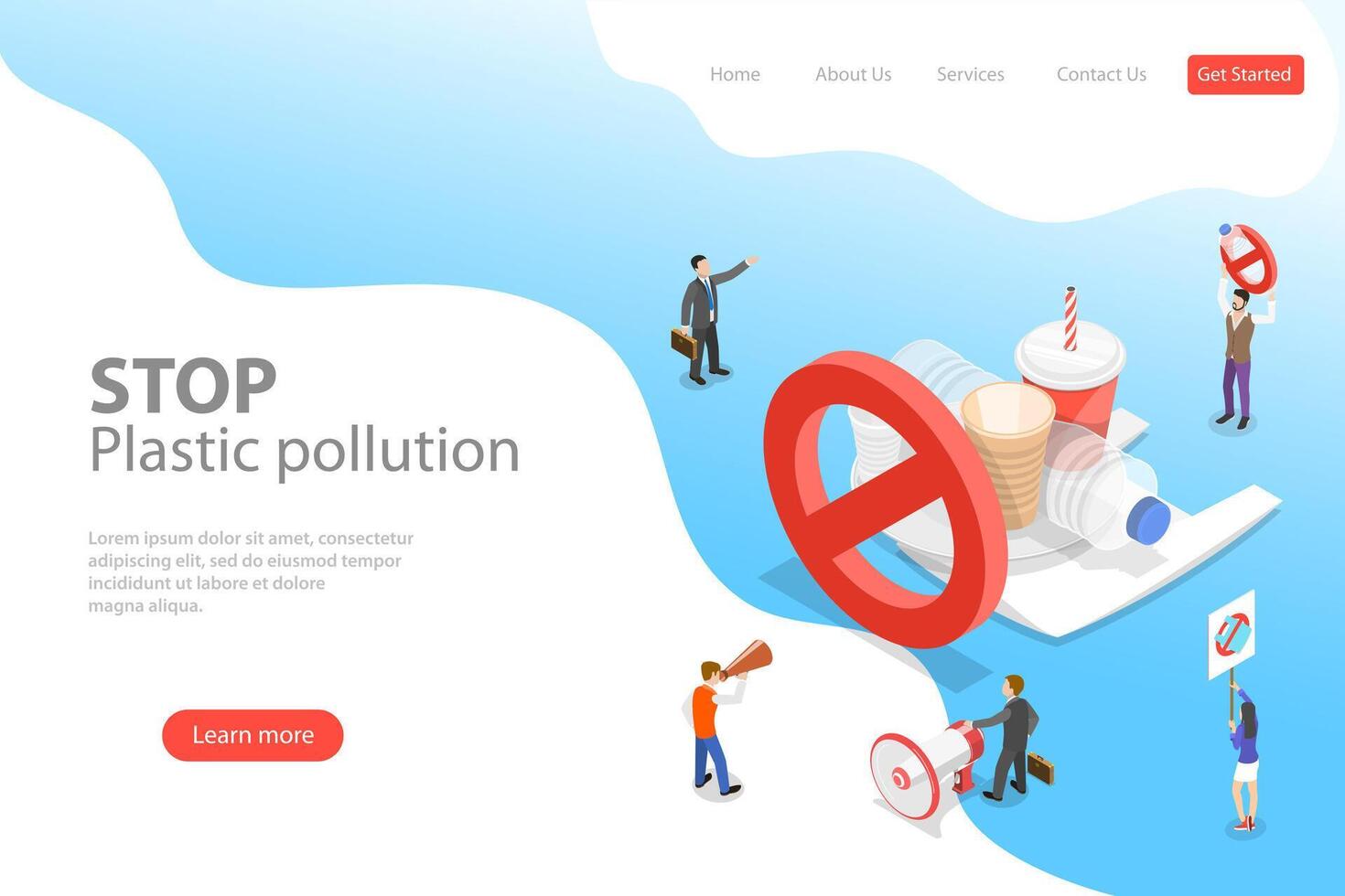 Isometric flat laning page template of stop plastic pollution. vector