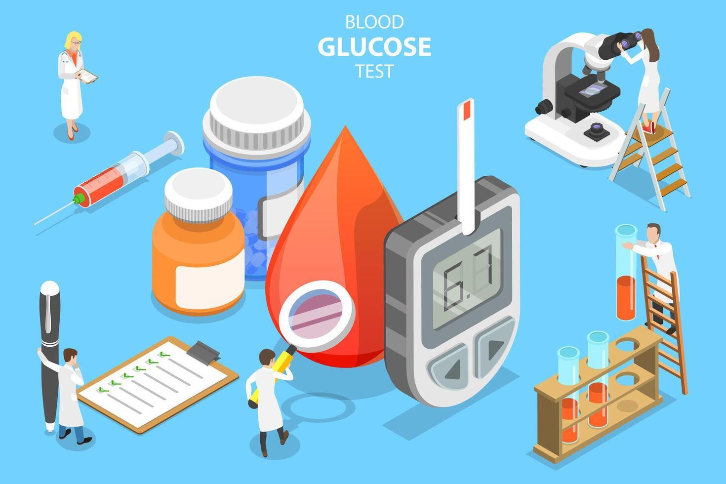 3d isométrica plano concepto de sangre glucosa pruebas, glucómetro mano prueba. vector