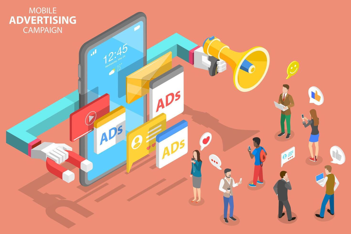 3D Isometric Flat Concept of Mobile Advertising, Social Media Campaign. vector