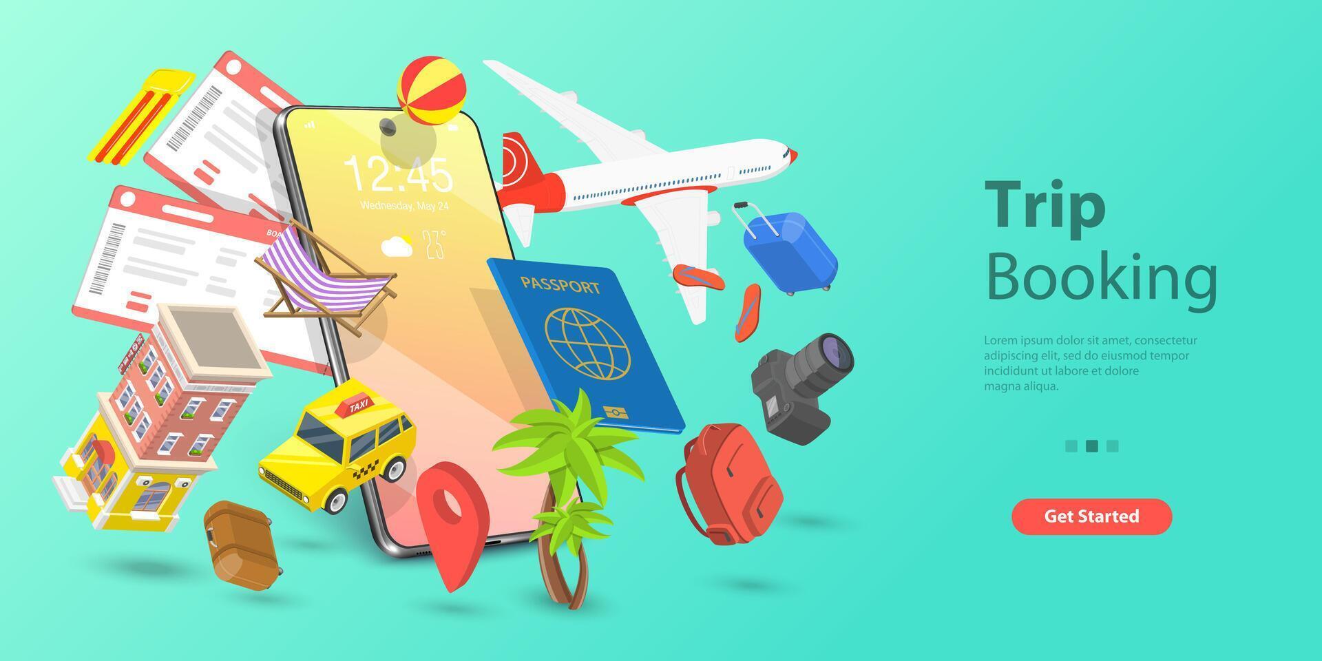 3D Isometric Flat Landing Page Template of Mobile Trip Booking App. vector