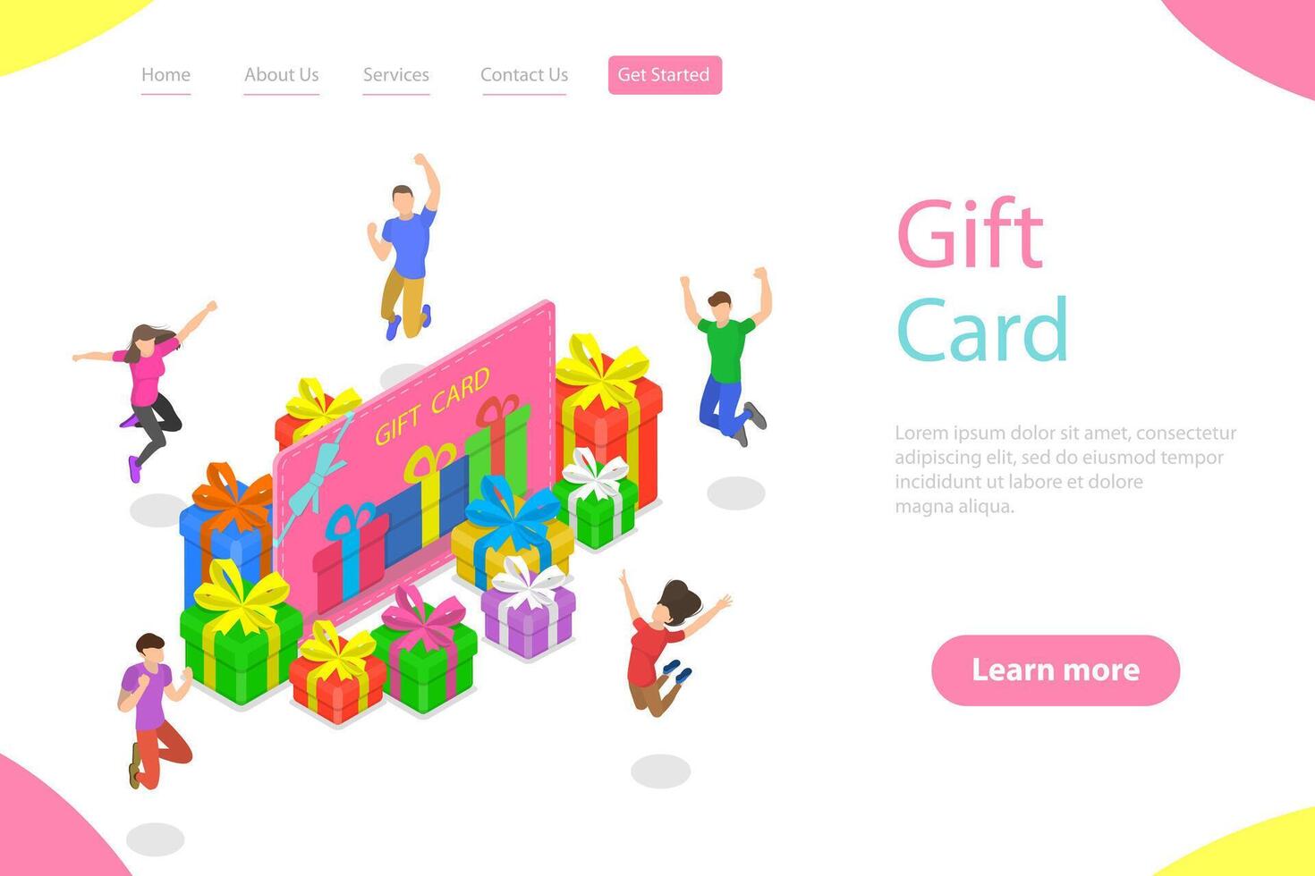 Isometric flat landing page template of gift card, loyalty program. vector