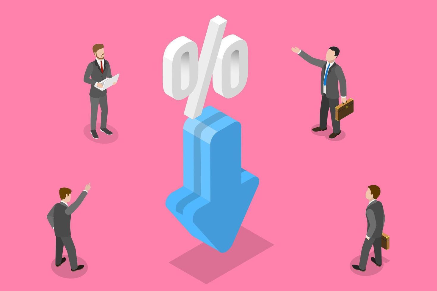 3D Isometric Flat Concept of Percentage Decrease. vector