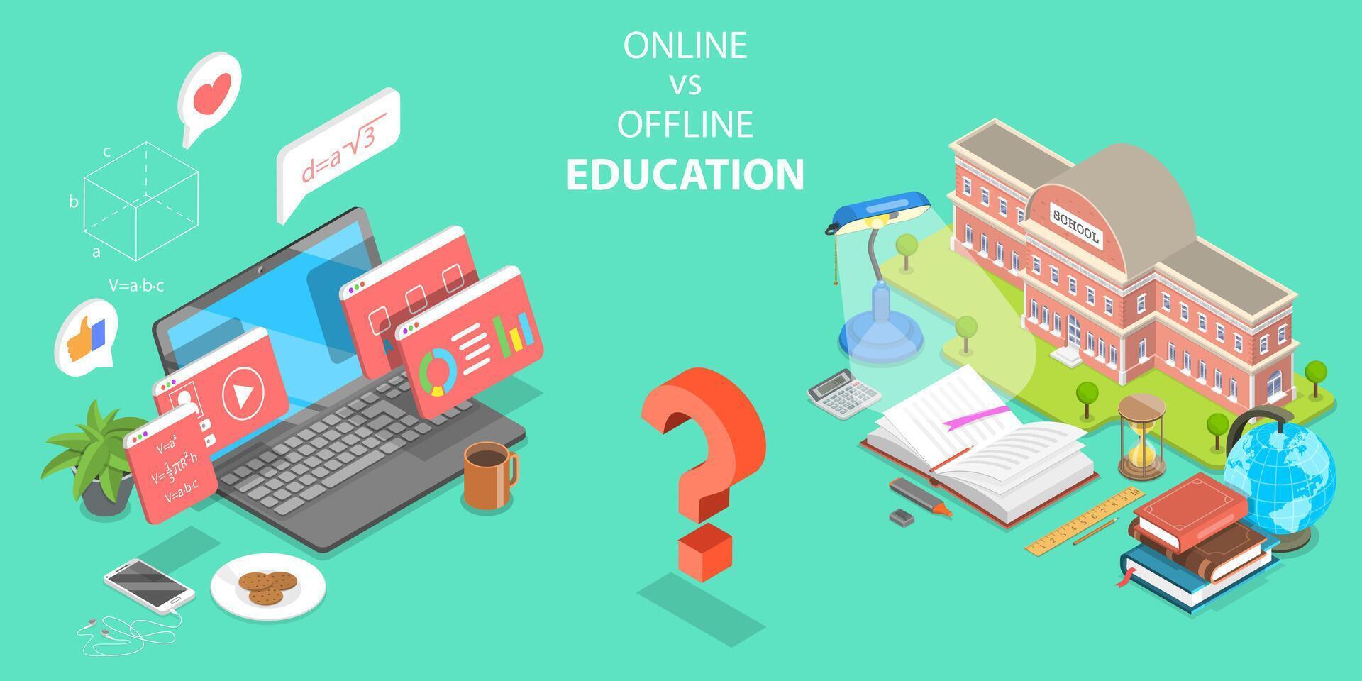 3D Isometric Flat Concept of Online Learning vs Offline. vector