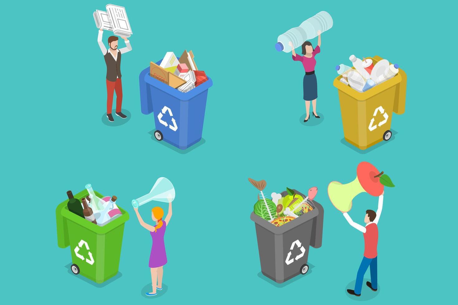 3D Isometric Flat Concept of Colored Waste Bins With Sorted Trash. vector