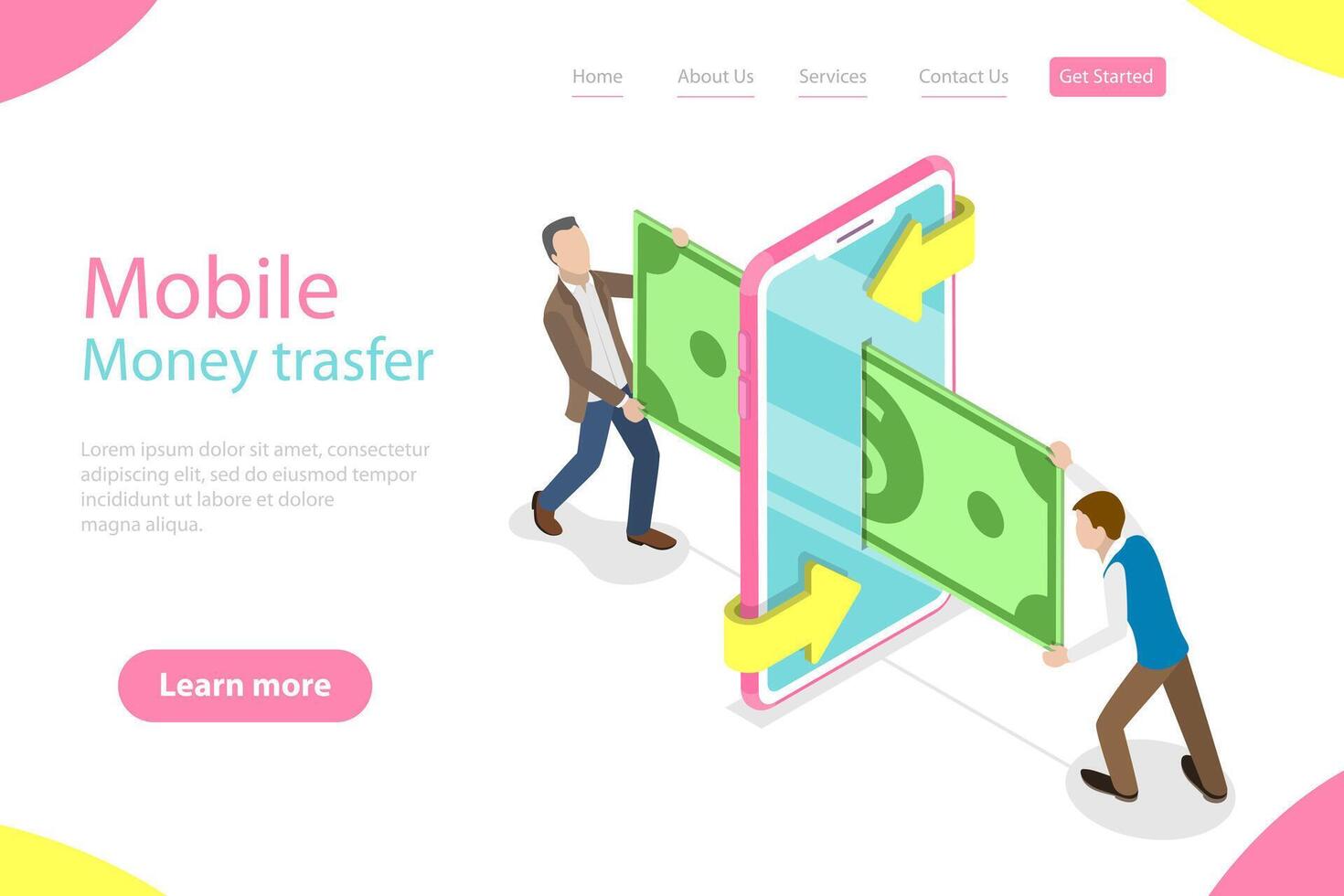 Isometric flat landing page template of mobile money transer. vector